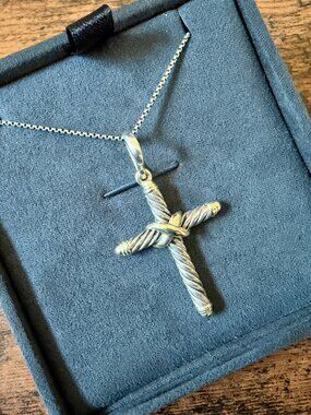 David Yurman Large Cable Cross Pendant w/ 14K Yellow Gold Necklace - 18" - RARE